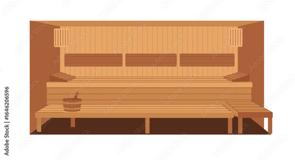 Fototapeta premium Flat vector illustration showcasing a cozy sauna interior featuring wooden benches