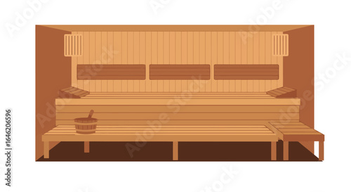 Flat vector illustration showcasing a cozy sauna interior featuring wooden benches