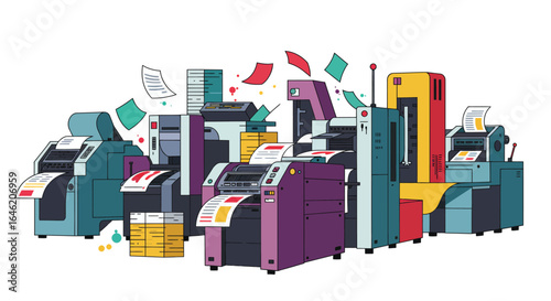 Vibrant printing press illustration with automated machines in a factory setting