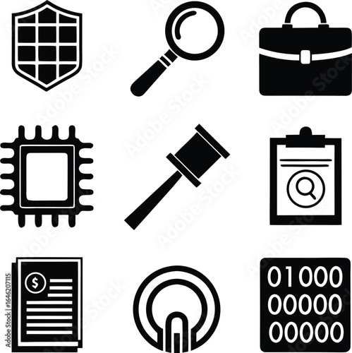 digital, forensics, investigation, cybersecurity, analysis, tech, law, data, recovery, evidence, compliance, simple, solid, icon, set, vector