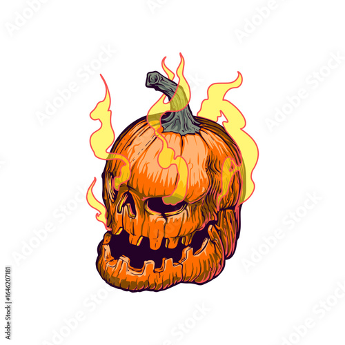 Spooky Halloween Pumpkin with Flames, Intricate Details for a Festive Design, Perfect for Holiday Themes and Creative Projects, originally a vector graphic