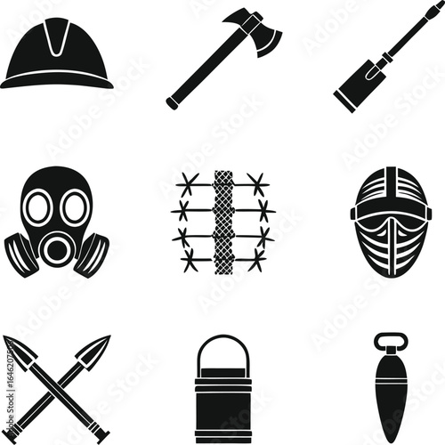 survival, gear, collection, tactical, equipment, post, apocalyptic, safety, protection, military, simple, solid, icon, set, vector