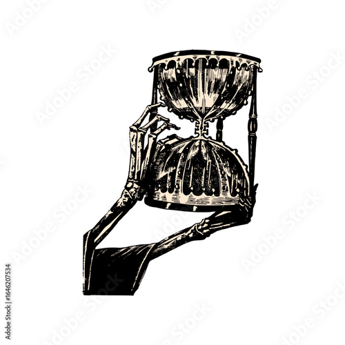 Intricate drawing shows skeleton hands holding ornate chalice, a symbol of mortality, time, and the ephemeral nature of existence in dark art style