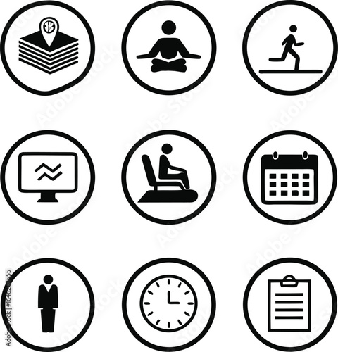 wellness, routine, work, life, balance, productivity, health, fitness, time, management, schedule, mindfulness, simple, icon, set, vector