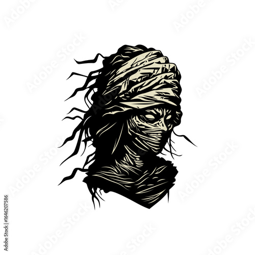 Eerie mummy face with glowing eyes and tattered bandages, a haunting symbol of ancient horror and mystery