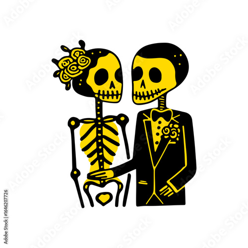 Whimsical wedding couple of skeletons in festive attire embracing intimately, celebrating eternal love with a unique artistic flair