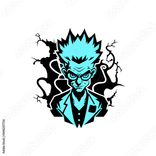 Mad scientist with wild blue hair and glasses wears a suit, surrounded by abstract black shapes resembling dark energy or branches.