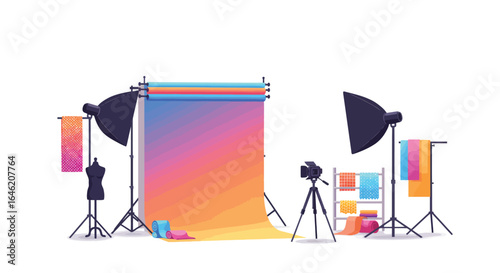 Vibrant photography studio setup with equipment, background, and mannequin