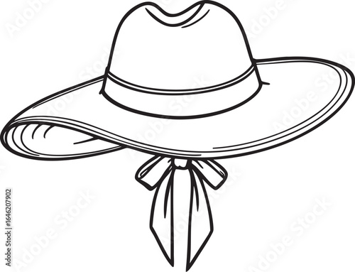 A stylish, detailed line drawing of a wide-brimmed women's hat with a decorative ribbon.