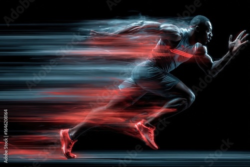 Young, athletic, dark-skinned man running at full speed, blurred image to create a sense of motion, photography, perfect for magazine covers, promotional materials