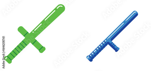 Two stylized illustrations of a police baton in vibrant green and blue hues