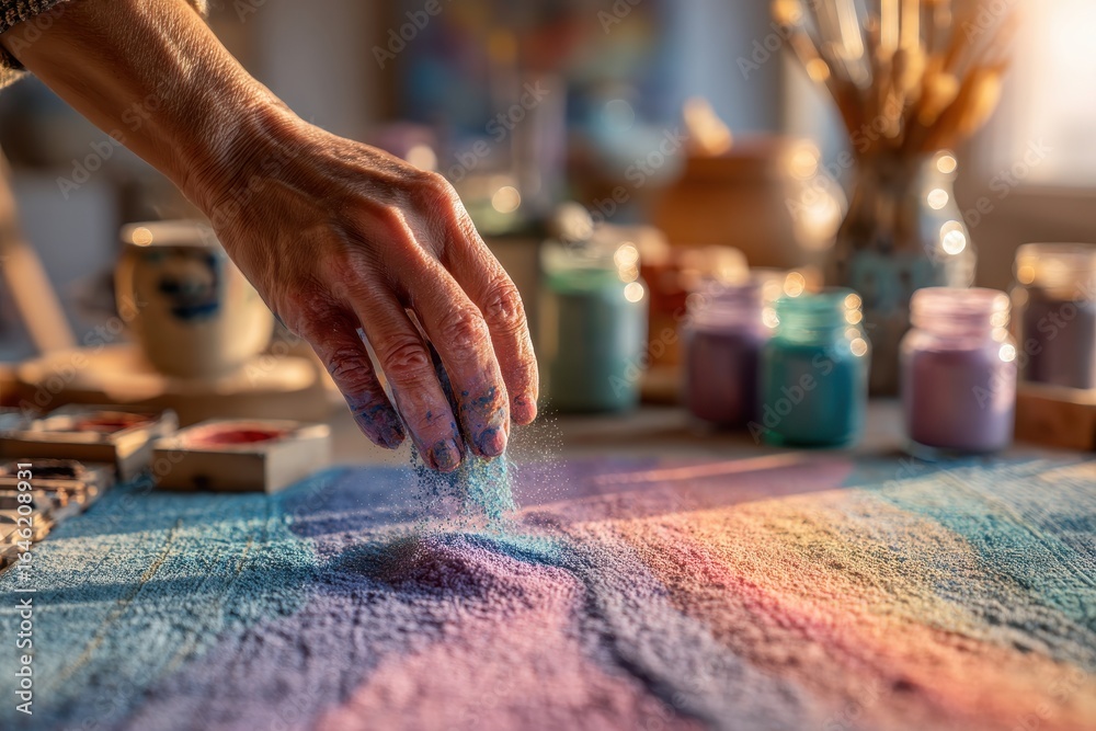 Fototapeta premium Close-up of artist's hand scattering colorful pigment on textile, creating artful textures and vibrant gradients, studio setting and natural light ambiance.