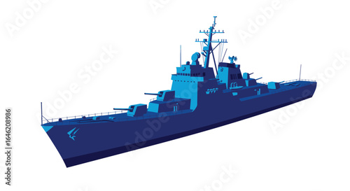 Stylized Flat Vector Illustration of a Modern Naval Destroyer Ship Isolated