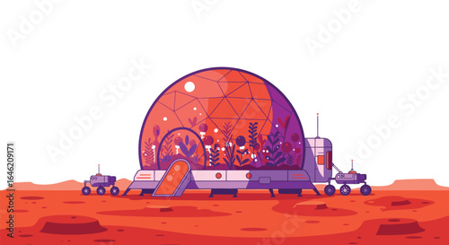 Vibrant vector illustration of a mars dome habitat with futuristic vehicles