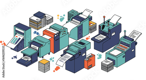 Stylized isometric illustration showcasing a vibrant array of printing presses