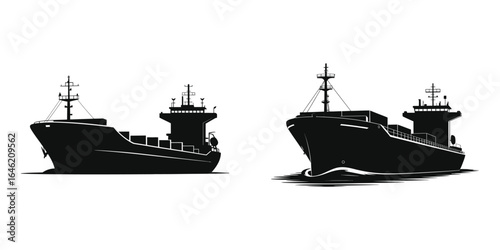 Silhouette of Two Cargo Container Ships in Black and White, Side and Front View Vector Illustration, Commercial Freight Vessels on Water for Shipping and Maritime Transport