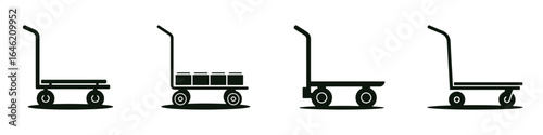 Set of Four Black Silhouette Hand Trucks and Dollies with and without Boxes, Industrial Carts for Moving and Transporting Goods, Warehouse and Logistics Equipment Icons
