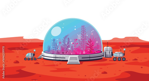 Stylized Mars habitat dome illustration with rovers, vibrant colors, and white backdrop