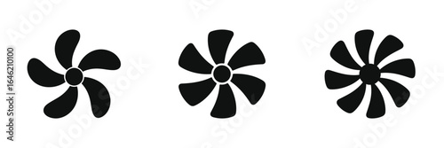 Set of Three Black Silhouette Fan Blades with Different Designs, Ventilation and Cooling Icons, Airflow and HVAC System Symbols for Industrial and Home Use