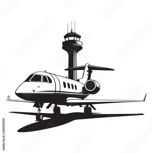 Vector art of private jet airplane parked on the tarmac with an airport control tower in the background, isolated on white background