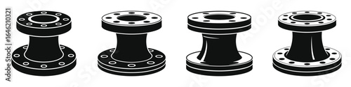 Set of Four Black and White Industrial Pipe Flanges with Different Designs, Mechanical Connectors for Plumbing, Piping Systems, and Engineering Applications, Vector Illustration Icons