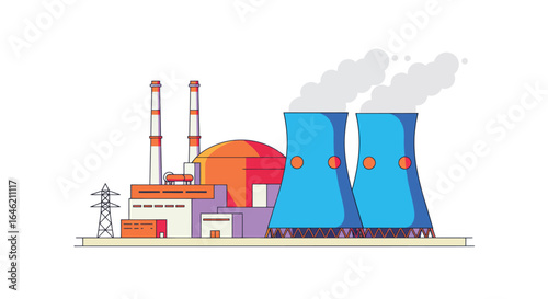 Stylized vector illustration of a nuclear power plant against a stark white background