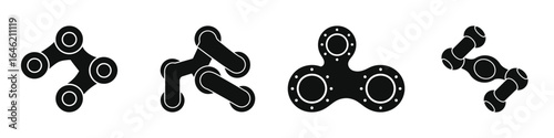 Set of Four Black Manifold Icons in Different Designs and Angles, Industrial Pipe Connector Symbols for Plumbing, HVAC, and Mechanical Systems, Vector Silhouettes