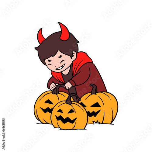 Adorable cartoon devil child with red horns and cloak, happily interacting with carved jack-o-lantern pumpkins, celebrating Halloween festivities and autumn harvest