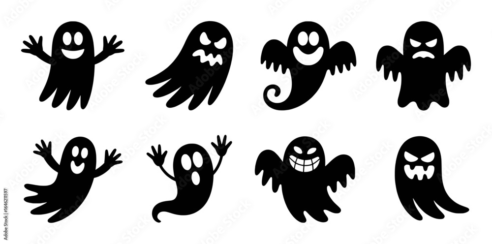 Spooky Halloween ghost characters with various expressions and poses scary happy Spooky Halloween ghost characters with various expressions and poses scary happy