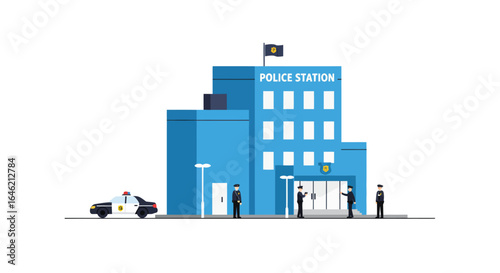 Stylized flat vector illustration of a vibrant police station exterior