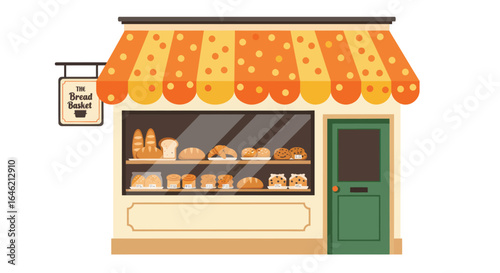 Stylized flat vector illustration of a vibrant small bakery shop with awning