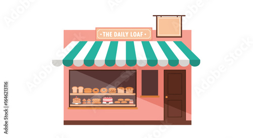 Charming flat vector bakery illustration with awning against white backdrop