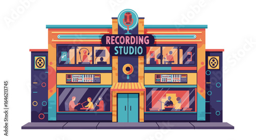 Stylized flat vector illustration of a vibrant music recording studio building