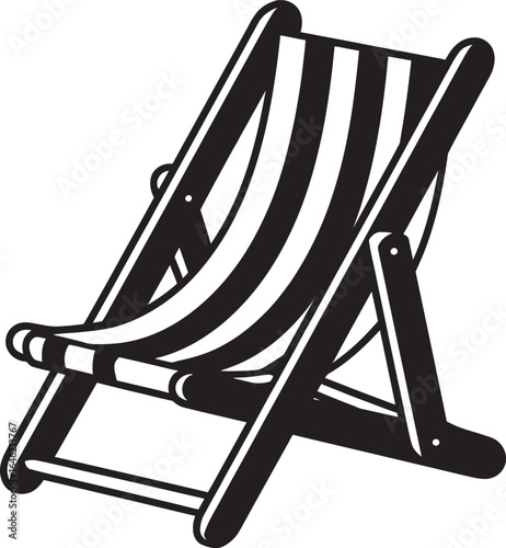 deck chair isolated on white, Kawaii-Style Deck Chair – Cute Black and White Vector Illustration, Cute Black and White Beach Chair Icon – Simple Kawaii Vector Design