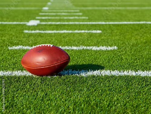 American football rests on a sunlit field with yard lines