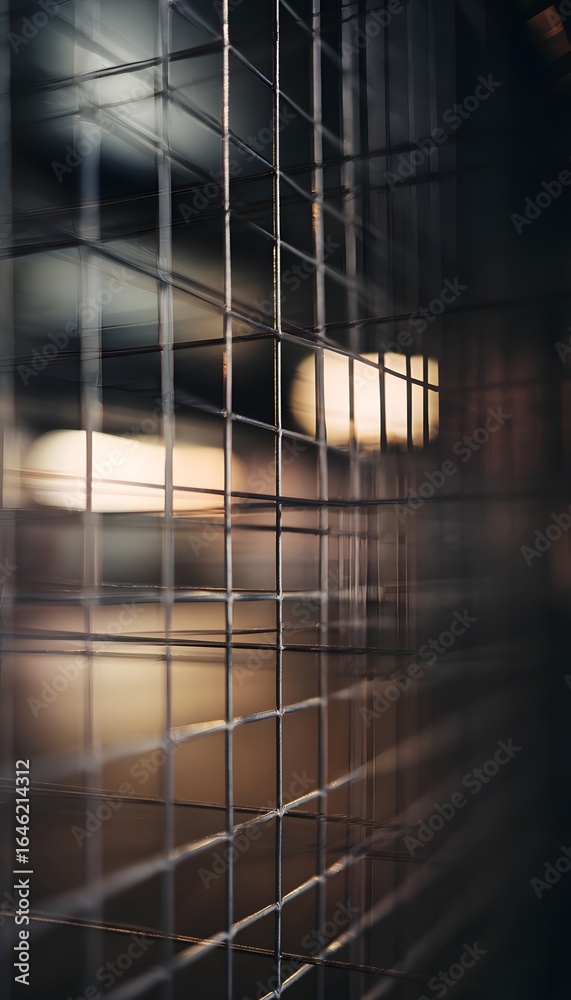 Obraz premium Abstract Composition of a Steel Mesh Fence with Wide Aperture Blur, Soft Focus on Foreground Grid Lines