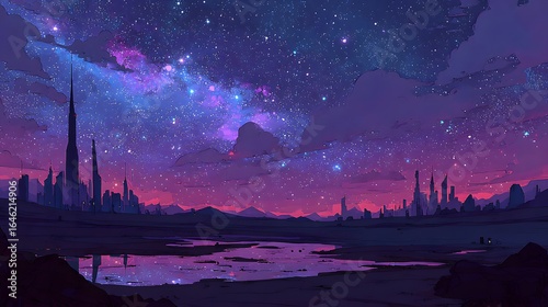 Futuristic city skyline under a night sky filled with stars.