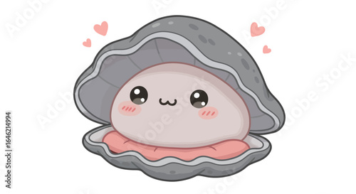 Charming Oyster Character with a Kawaii Style Expression and Hearts Illustration