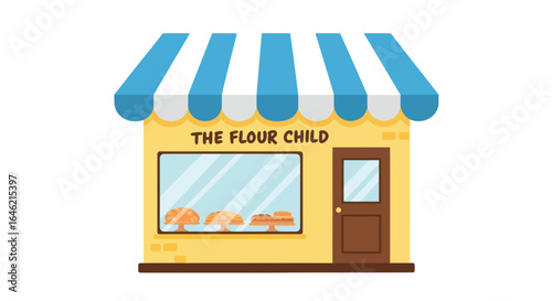 Charming flat vector illustration bakery shop front with blue awning detail