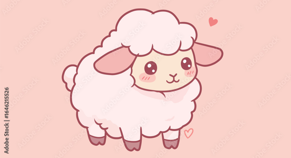 Naklejka premium Adorable fluffy sheep cartoon illustration with soft pink background and hearts