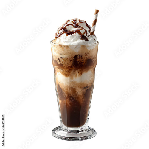 Tall glass of iced coffee drink with whipped cream and chocolate syrup