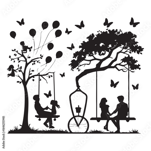 Vector art of silhouette of a couple and children on swings under a tree with balloons and butterflies, symbolizing love, family, and childhood joy