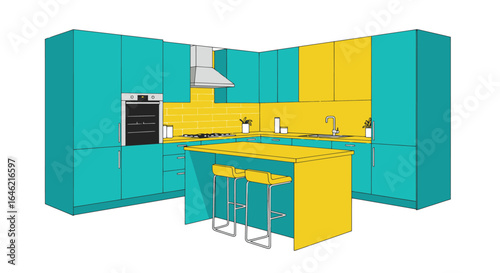Vibrant modern kitchen illustration showcasing a spacious island design concept