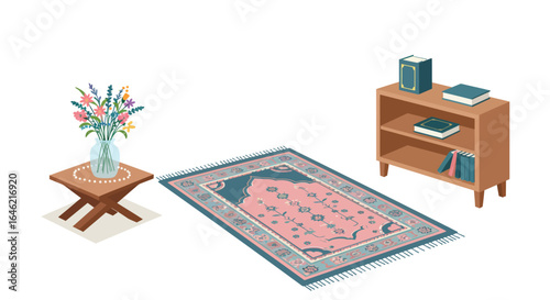 Stylized Prayer Room Interior with Rug, Flowers, and Minimalist Decor