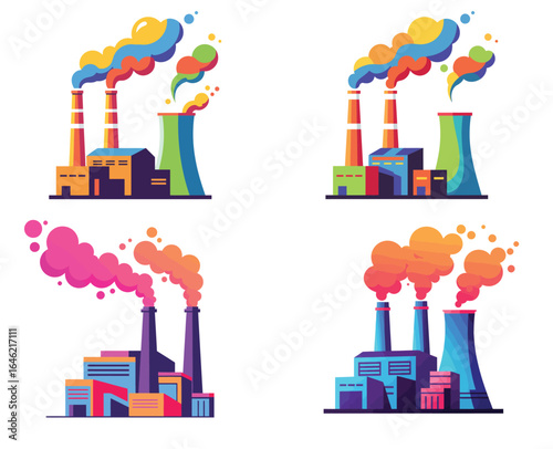 Stylized flat vector illustration of vibrant power plants with colorful emissions