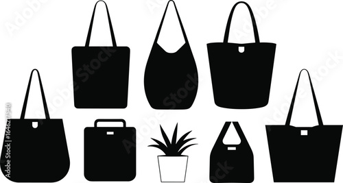 Tote bag silhouette collection, reusable shopping and fashion handbags, isolated on white background for design projects