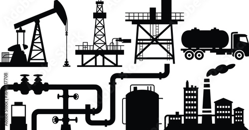 Oil drilling, pipeline infrastructure, refinery industry, petroleum transport, and storage facilities vector illustration for energy sector