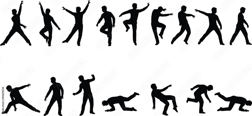 Silhouette Dance Poses of Male Dancers in Dynamic Movements, Artistic Vector Illustration Silhouette Dance Poses of Male Dancers in Dynamic Movements, Artistic Vector Illustration