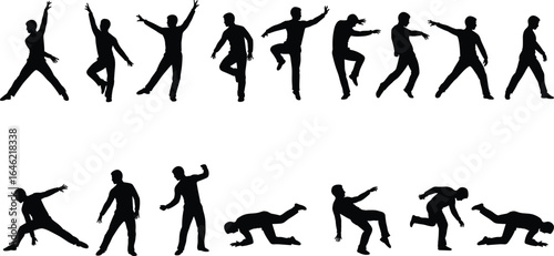 Silhouette Dance Poses of Male Dancers in Dynamic Movements, Artistic Vector Illustration