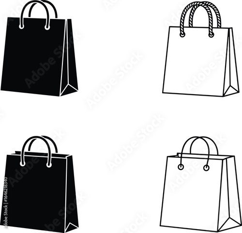 Set of shopping bag vector icons in black silhouette and outline for retail gift packaging.